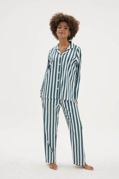 KLY Yeni Üst Kalite Kadın Apaj Yaka Kadın Gaffur Desenli Pijama Takımı