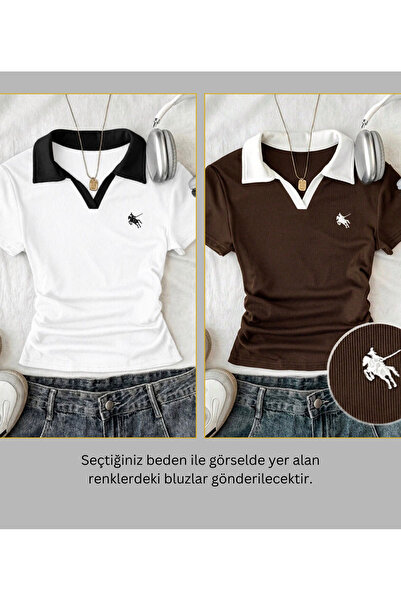 Gofeel 2 Li Soul Renkli Polo Yaka Nakışlı Büzgülü Bluz