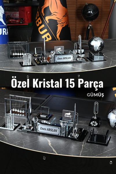 ofisbura Premium Kristal 15’li Yönetici Masa Takımı – Siyah & Gümüş