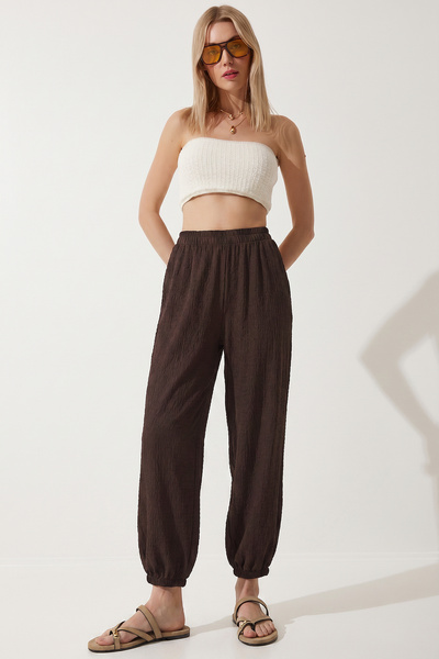 Lovelyİstanbul Comfortable Crinkle Shalwar Trousers with Pockets Lfw0024 Brown