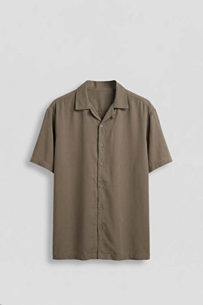 ablukaonline Men's Relaxed Fit Open Collar Short Sleeve Tencel Shirt Khaki