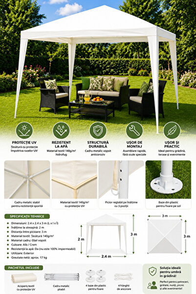 OEM Pavilion Gradina 2.4x2.4x3m Tip Cort, Cadru Metalic Alb, Copertina Crem R...