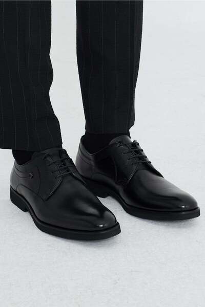 White Stone Black Genuine Leather Lace-Up Men's Classic Shoes