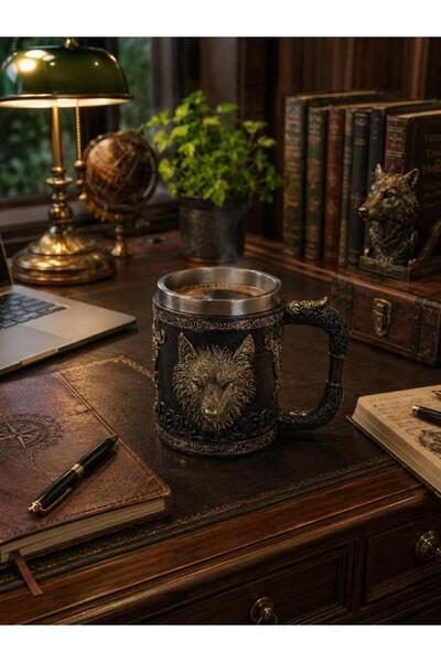 Hd Marketim Viking Mug with Wolf Figure 400 ml – Decorative Mug with Stainles...