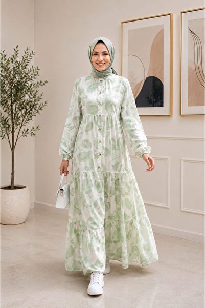 Hb Harma Time Butik Women's Buttoned Patterned Modal Fabric Khaki Dress