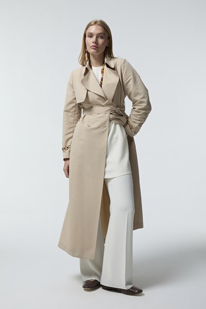 Zühre Double-Breasted Collar Belted Stone Trench Coat 14043