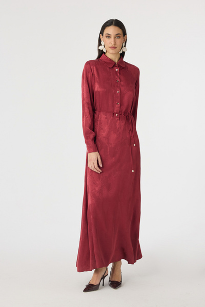 Zühre Brown Patterned Elegant Dress Claret Red Dress 0547