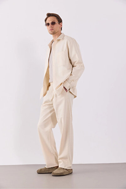 VENA Men's Steve Baggy Fit Elastic Waist Natural Trousers 100% Cotton - Natural