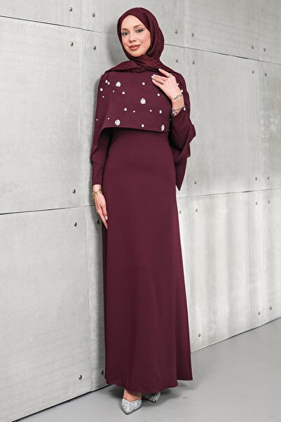 İmajButik Burgundy Front Cape Detailed Stoned Evening Dress