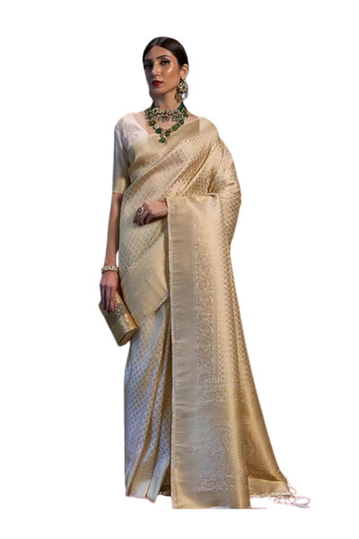 MYSMAR Beige Kanjivaram Silk Blend Saree with Gold Zari Work - MAF3121 | Beige