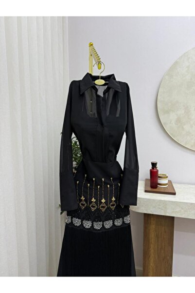 NALA FASHION فستان أسود فاخر بتصميم طويل وأنيق،