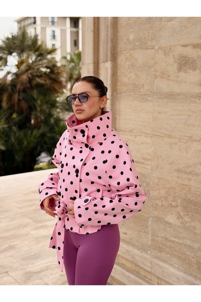 madamedoyou Bonita Puantiyeli Kuşaklı Oversize Pembe Ceket