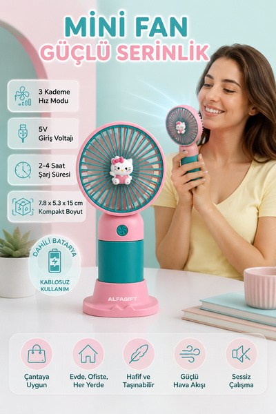 ALFAGİFT USB Şarjlı Mini El Fanı Taşınabilir Sessiz Masaüstü Vantilatör Mini Fan