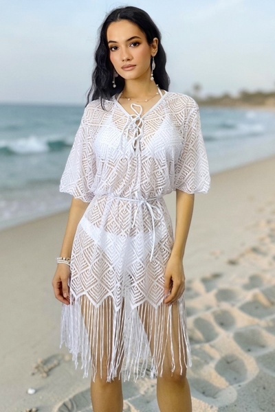 FashionForYou Moya Sea short beach dress with boho fringes and embroidered ef...