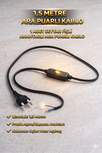 ECONA 1 ADET SEYYAR FİŞLİ 1,5 METRE ARAPUARLI KABLO,LED Trafosu ve Masa Lamba...