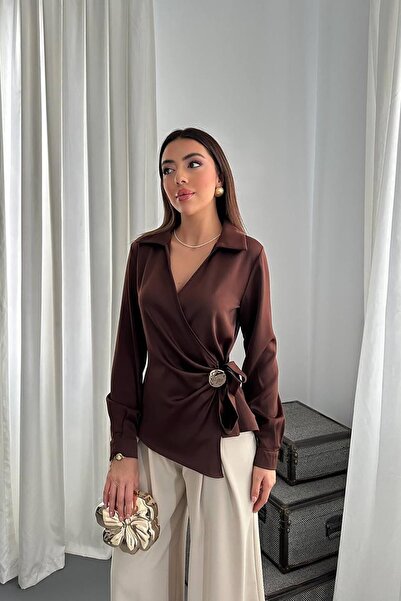 ozelia Brown Button Detailed Satin Blouse