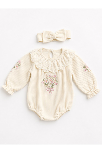 mira baby Krem Çiçek Nakışlı Kız Bebek Romper Takımı %100 Pamuk