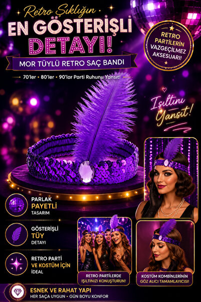 Tamsena Store Mor Payetli Retro Charleston Saç Bandı Tüylü Parti Tacı 70’ler ...