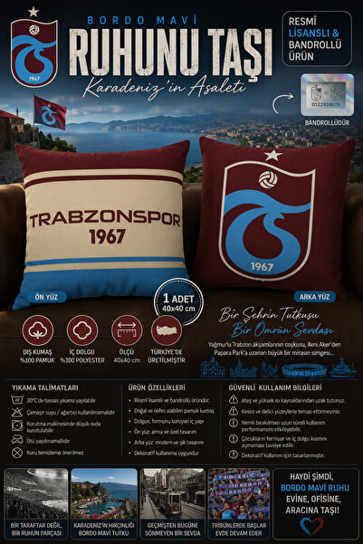 Trabzonspor Licensed Bandroll Burgundy Blue Throw Pillow 1 Piece 40X40 cm Pre...