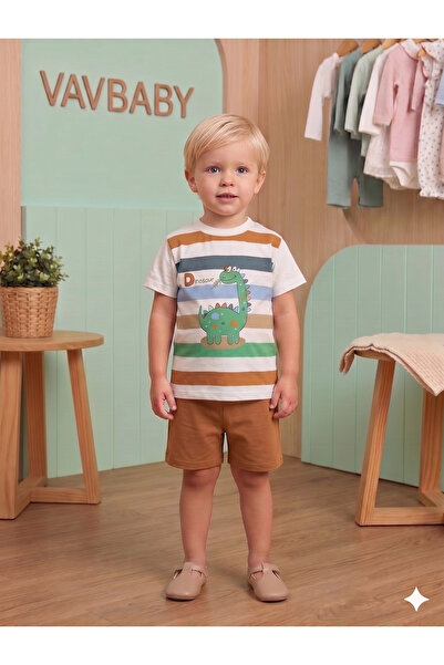 VaVbaby طقم تي شيرت وشورت مخطط بأكمام قصيرة مطبوع عليه ديناصور للأولاد - كريميت