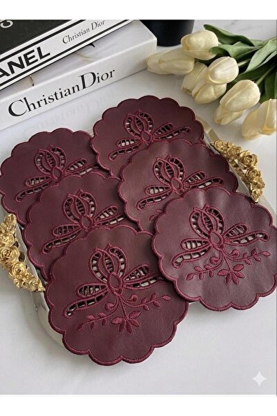 İNCİ ÇEYİZ 6 Pieces of Double-Sided Leather Hole-Embroidered Coffee Coasters ...