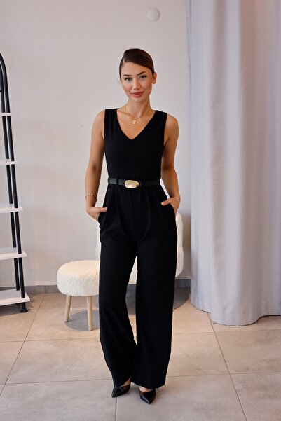 Elzem Boutique V Yaka Gold Kemerli Siyah Tulum
