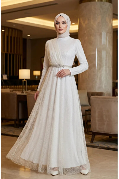 sefamerve Silvery Tulle Detailed Belted Hijab Evening Dress 5704-08 White