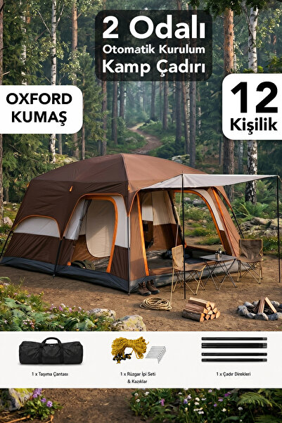 Fischer One 12 Kişilik Kamp Çadırı - 2 Odalı Su Geçirmez 4 Mevsim Otomatik Ku...