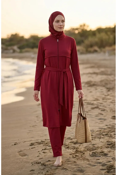 sefamerve Modern Simplicity Belted Zippered Hijab Swimsuit 2602-05 Tile