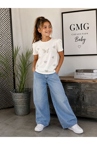 GMG Baby تي شيرت بناتي برقبة دائرية مزين باللؤلؤ والأحجار على شكل فراشة باللو...