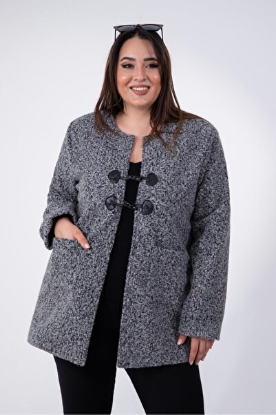Roxxlen Women's Plus Size Crew Neck Melange Cashmere Coat