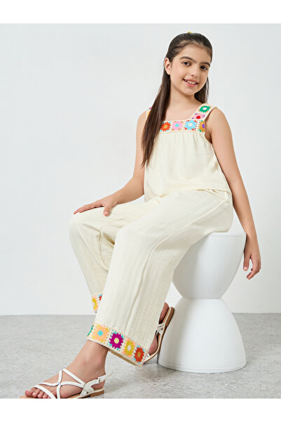 Styli Girls Crochet Trim Cotton Top and Pants Set