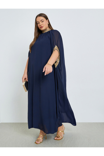 Styli Plus Size Navy Blue Embellished Kaftan Maxi Dress
