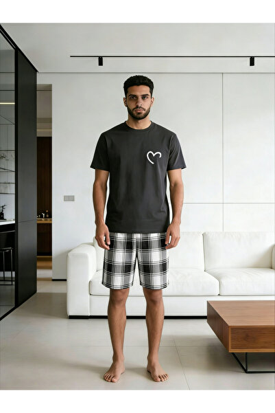 Take Two By Styli Men Grey T-Shirt and Checkered Shorts Pyjama Set