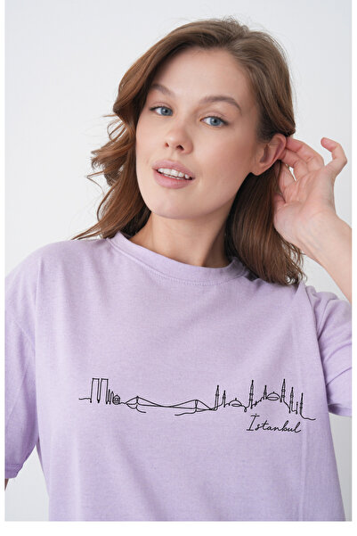 TREND EMMODA Tricou de damă din bumbac, casual, liliac, cu decolteu rotund, i...