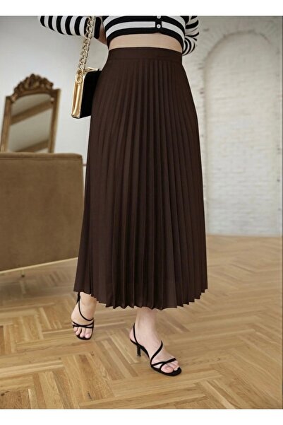 Bahar Altundemir Women's Crepe Fabric Lined Pleated Long Brown Skirt
