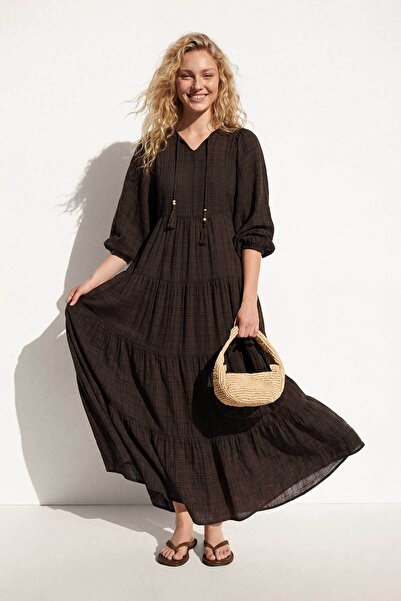 Hooopstore Tassel Tie Detail Brown Dress