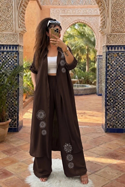 AZRA BUTİK Silver Embroidered Set Brown