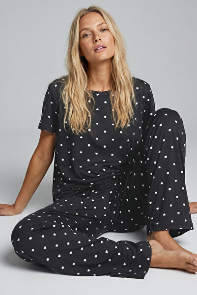 Siyah İnci Anthracite White Heart Point Patterned Cotton Knitted Pajama Set 8025
