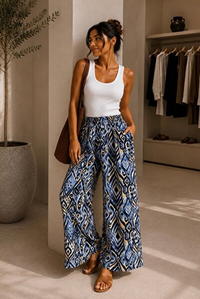 bb butik basic Patterned Wide-Leg Viscose Trousers Casual Stylish Women's Tro...