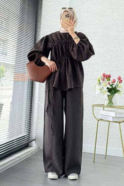 Miraydın Butik Set pantaloni de damă cu detaliu elastic M61879 - Maro