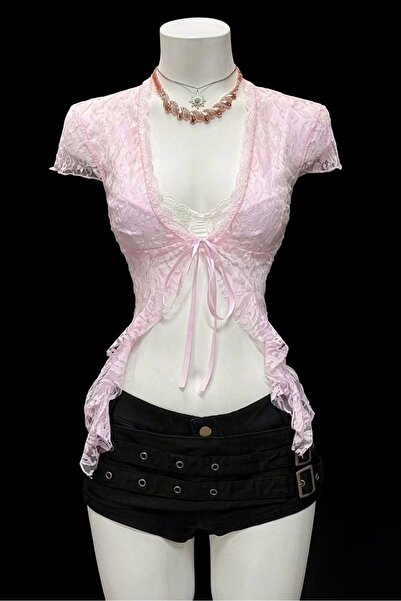 Köstebek Pink Lace-Up Crop Bolero Blouse