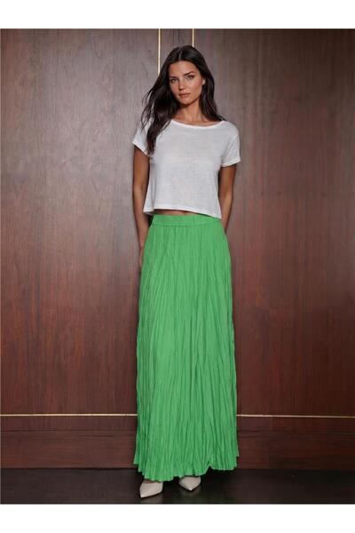 WeShaya Green Polyester Fabric High Waist Long Wrinkled Form Draped Relaxed C...