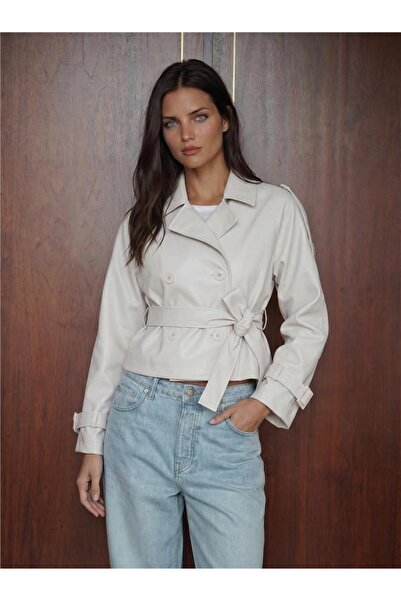 WeShaya Ecru Faux Leather Belted Buttoned Cropped Long Sleeve Polyester Jacket