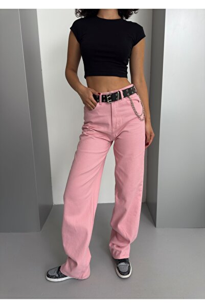 Bravebell Women's Pink High Waist Wide Leg Jean Pants