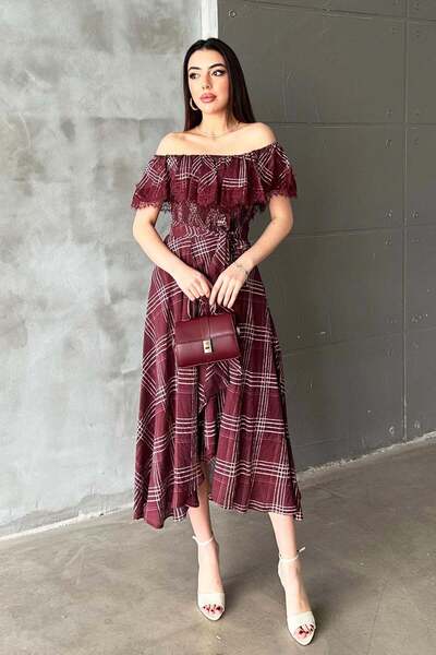 Caddebostan Moda Women's Plaid Lace Detailed Madonna Collar Belted Midi Dress
