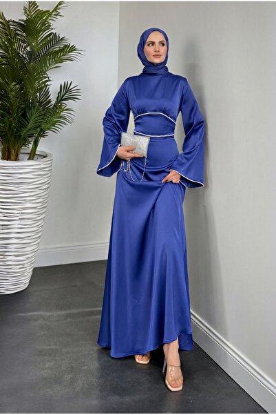 parla official Vlasi Satin Evening Dress with Pearl Stones on Sleeves and Wai...