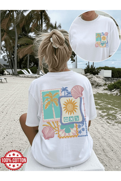 one button Palm tree, seashell, and sun print double-sided premium oversized ...