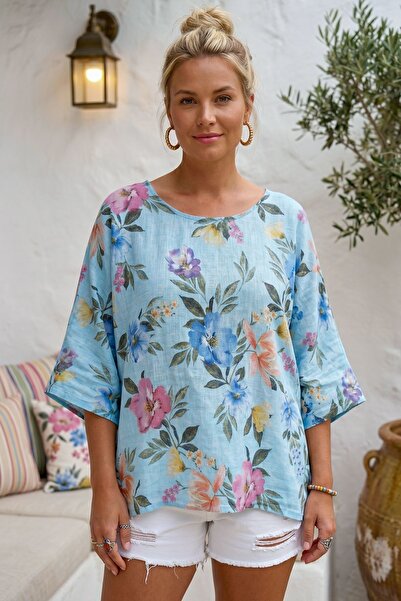 Chiccy Italian Light Blue Pool Collar Short Sleeve Floral Printed Linen Look ...