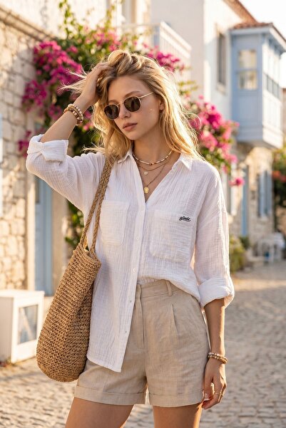 Lior Design Beyaz Müslin Kumaş %100 Pamuk Çift Cepli Oversize Gömlek